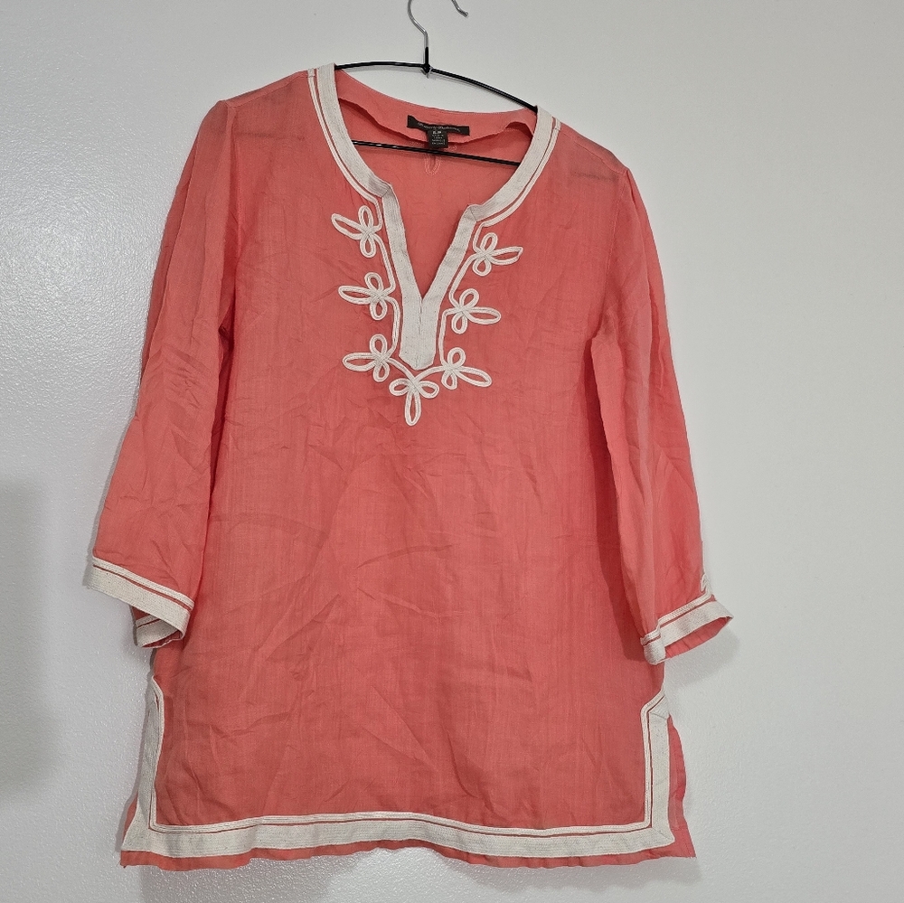 Tommy Bahama Ramie Coral Embroidered Womens Tunic Top 3/4Sleeve Orange-pink Sz S
